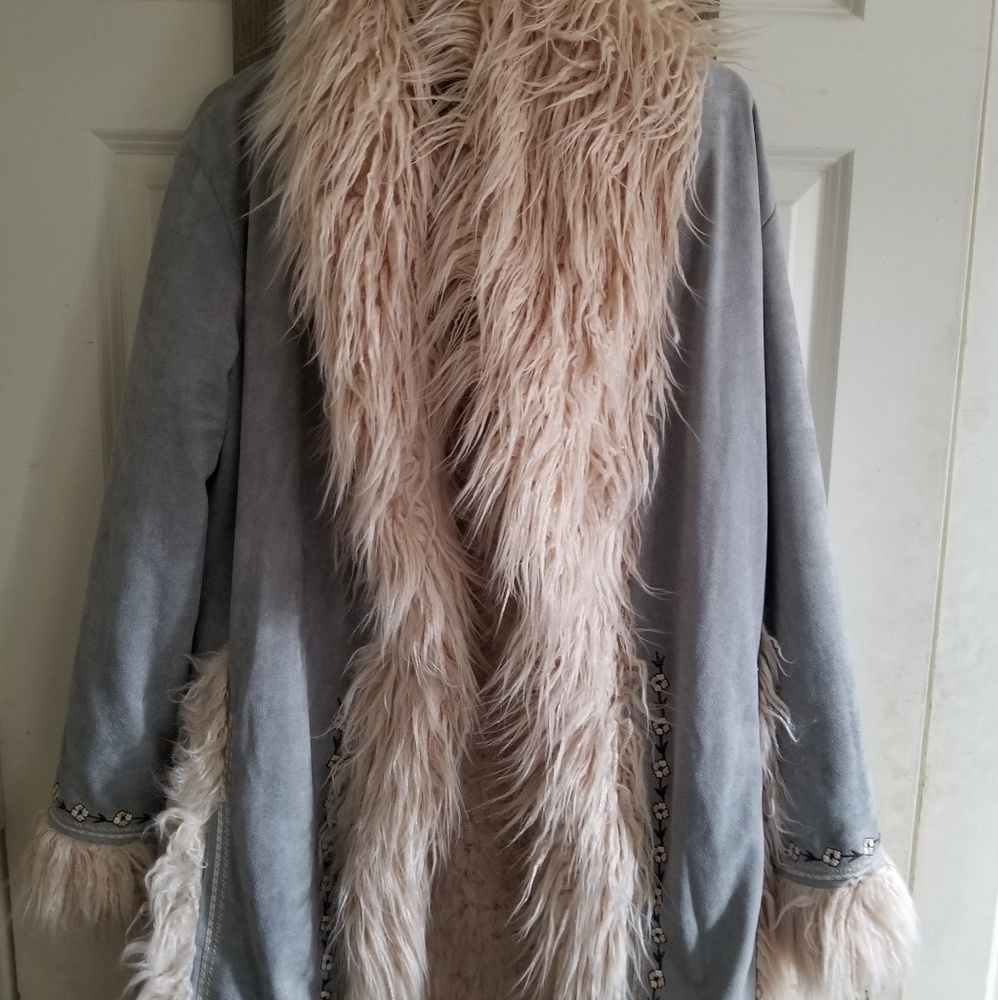 Spell Gray and Cream Faux Fur Coat
